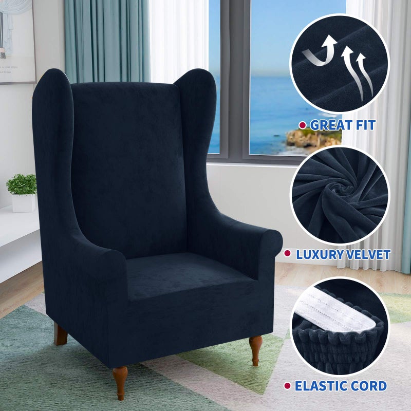 MAXIJIN Stretch Velvet Wingback Chair Slipcover 1-Piece Soft Stylish Plush Slipcovers for Wingback Chairs Thick Rich Velvet Wing Chair Cover with Elastic Bottom (Wing Chair, Navy Blue) - Image 3